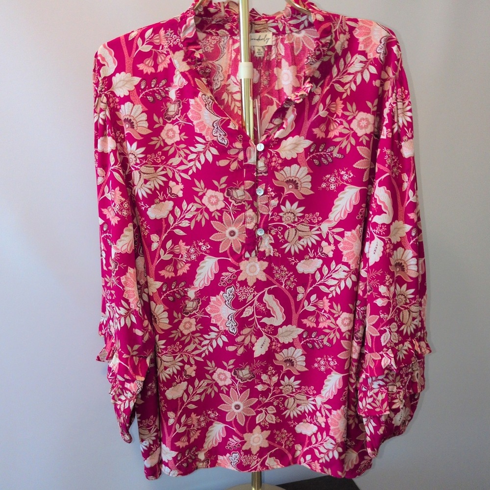 NWT Wonderly Tunic Blouse Women 3X Pink Floral Paisley Ruffle Sleeve Boho Top